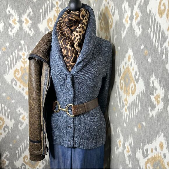 Ralph Lauren Navy Melange Lamb Shearling Shawl Collar Cardigan Sweater - Picture 16 of 16